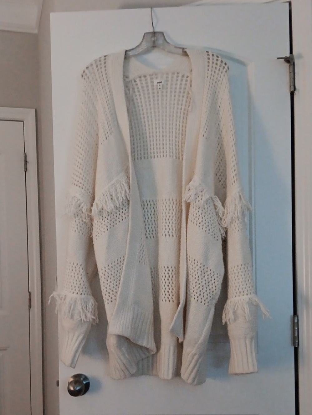 aerie Cream Open-Weave Fringe Cardigan